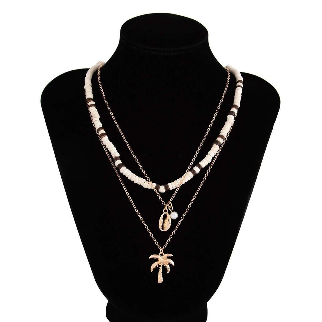 KunJoe 3Pcs Vintage Wooden Beads Chain Choker Necklace for Men Scallop Coconut Tree Pendant Necklace Male Jewelry on the Neck