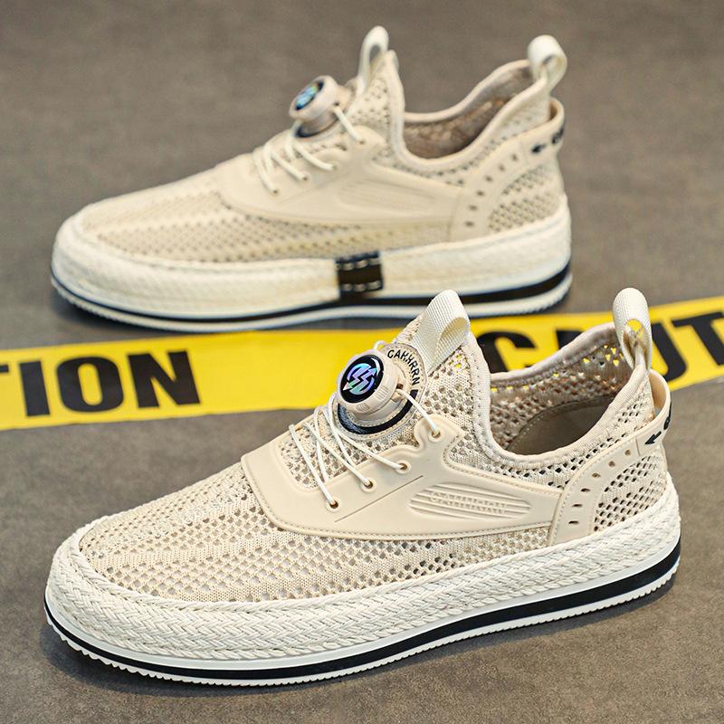Men'S Shoes Large Mesh Hollow Breathable Board Shoes Heightening Rotating Button Cover Feet Casual Sports Trendy Shoes