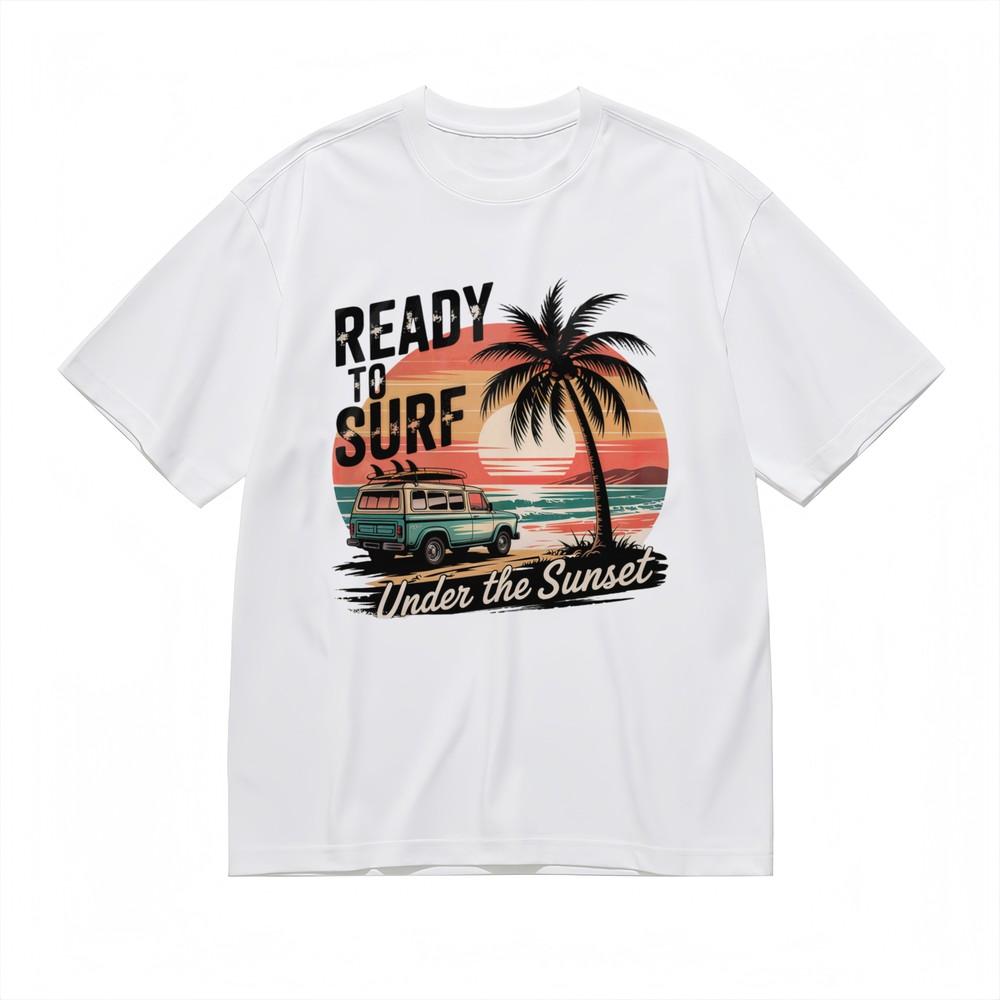 Men's T-Shirt With Sunset Wave Chaser Graphic Unisex White 100% Cotton Tops USA