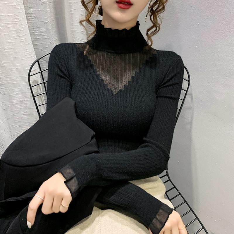 Women Half High Neck Lace Stitching Hollow Sweater Slim Inner Wear Knitted Bottoming Shirt Female Tops Autumn and Winter