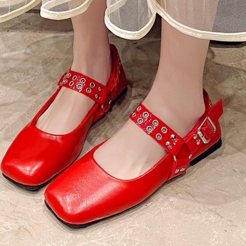 Fashion 2025 Female Footwear Round Toes Luxury Women Flats Shoes Allow Fashion Buckle Strap Ladies Ballet Rivets Flats Shoes