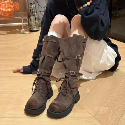 Soft Leather Retro Boots Women's 2025 New Versatile Fashion Belt Buckle Thick-soled Non-slip Knight Boots European High Boots