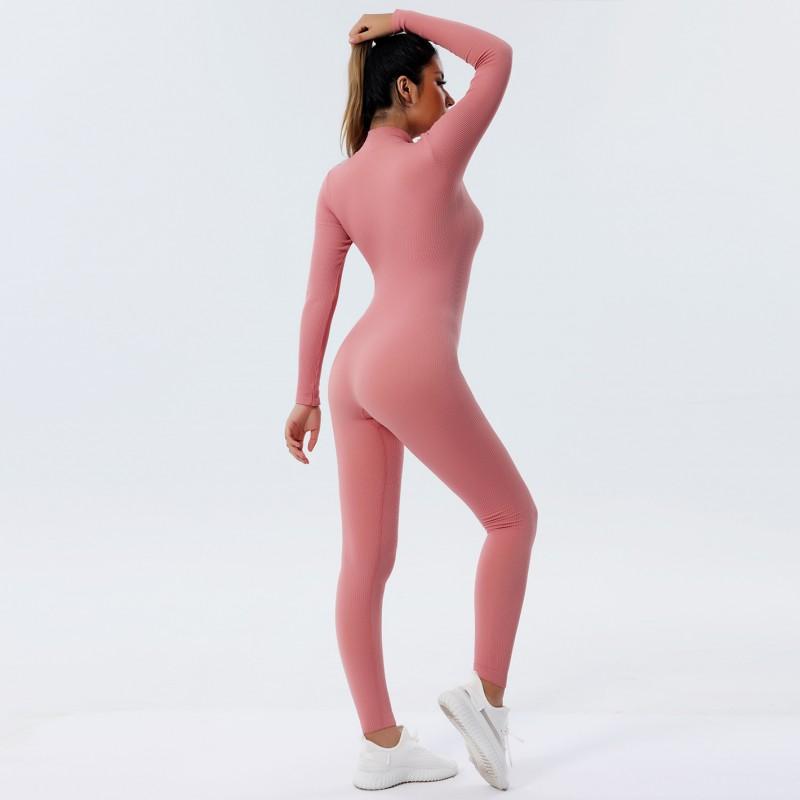 Womens High-Elastic Quick-Dry Ribbed Seamless Yoga Jumpsuit With Zipper Fit Sports Bodysuit