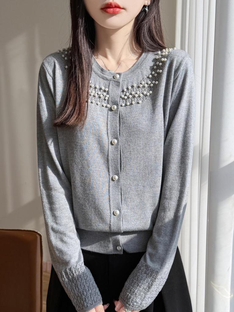 Women's Wool Beaded Round Neck Knit Cardigan Sweater - Fashionable Hollow Out Design