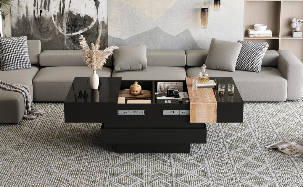 Tavolino Quadrato per Soggiorno 70*70*39cm, Tavolino da Caffè Estensibile con Contenitore Nascosto, Tavolino da Tè con Design Color Block, Tavolino Laterale ad Alta Lucentezza, Nero, MDF