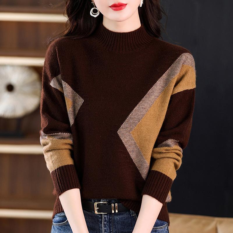 Thickened Women's Autumn Winter Edition Color Block Knitted Half High Neck Sweater