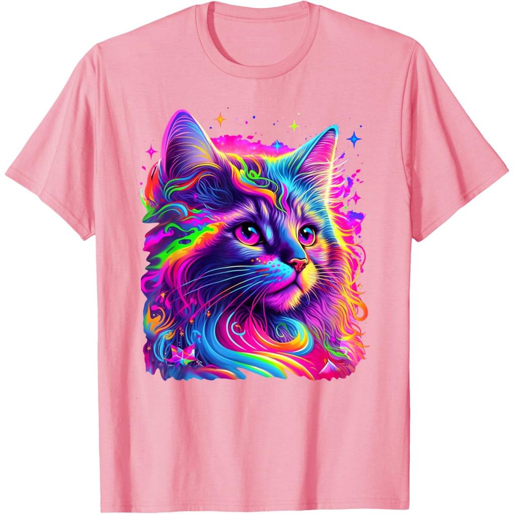 T-shirt Grafica Ritratto Gatto Psichedelico al Neon Girocollo Traspirante in Cotone da Uomo