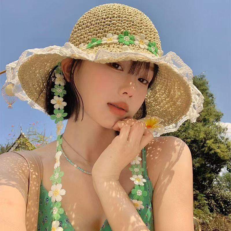 Straw Hat Women's New Small Fresh Lace Straw Hat Summer Travel Sun Protection Hat Big Brim Beach Sun Hat