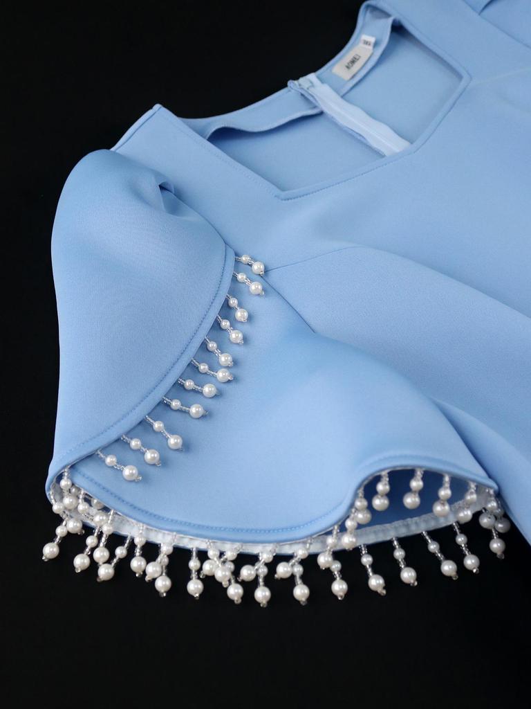 Storlek Dam Pärlbeströdd Puffärmad Fyrkantig Halsringning Elegant Bodycon-klänning