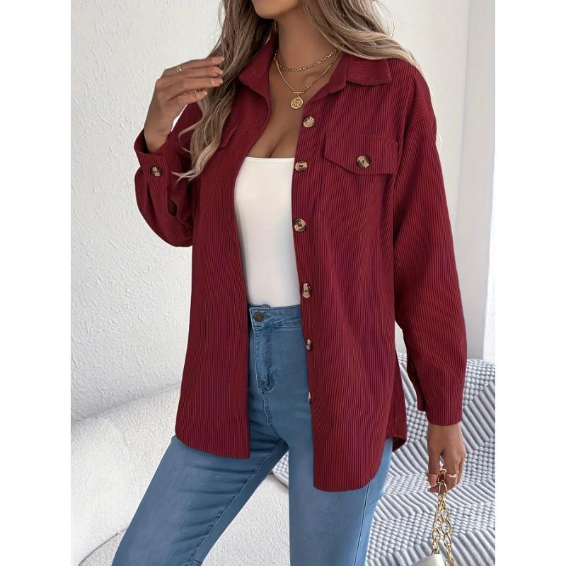 Women's Elegant Non-Stretchy Corduroy blouse - Formal Everyday Chic Shirt in, Button-Front Placket, All-Season Women's Clothing, Casual Outfits