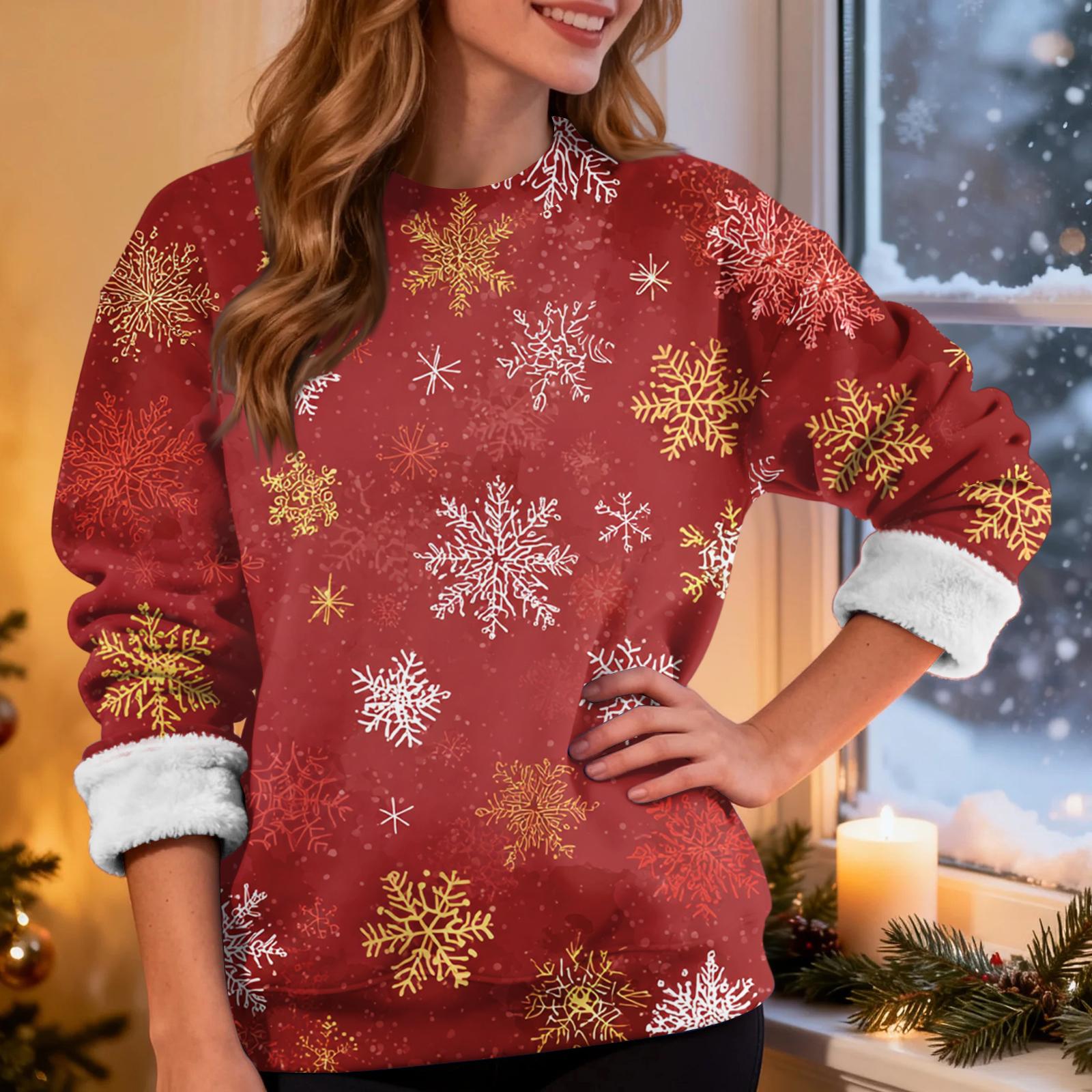 

Женский повседневный модный свитшот с круглым вырезом, плюс бархат, утолщенный, с рождественским принтом L красный