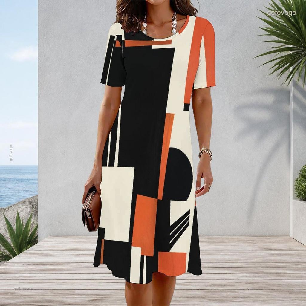 Women Plus Size Round Neck Short Sleeve Geometric Printed A Line Dress