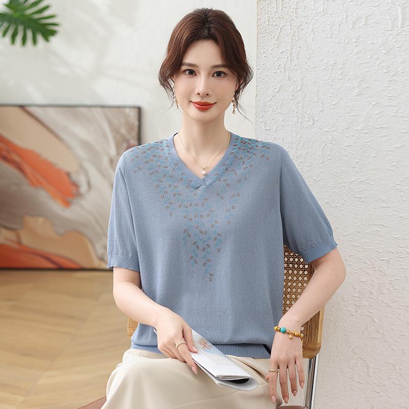 Mom's Chic V-neck Ice Silk Cardigan & T-shirt for Middle-aged & Elderly Women