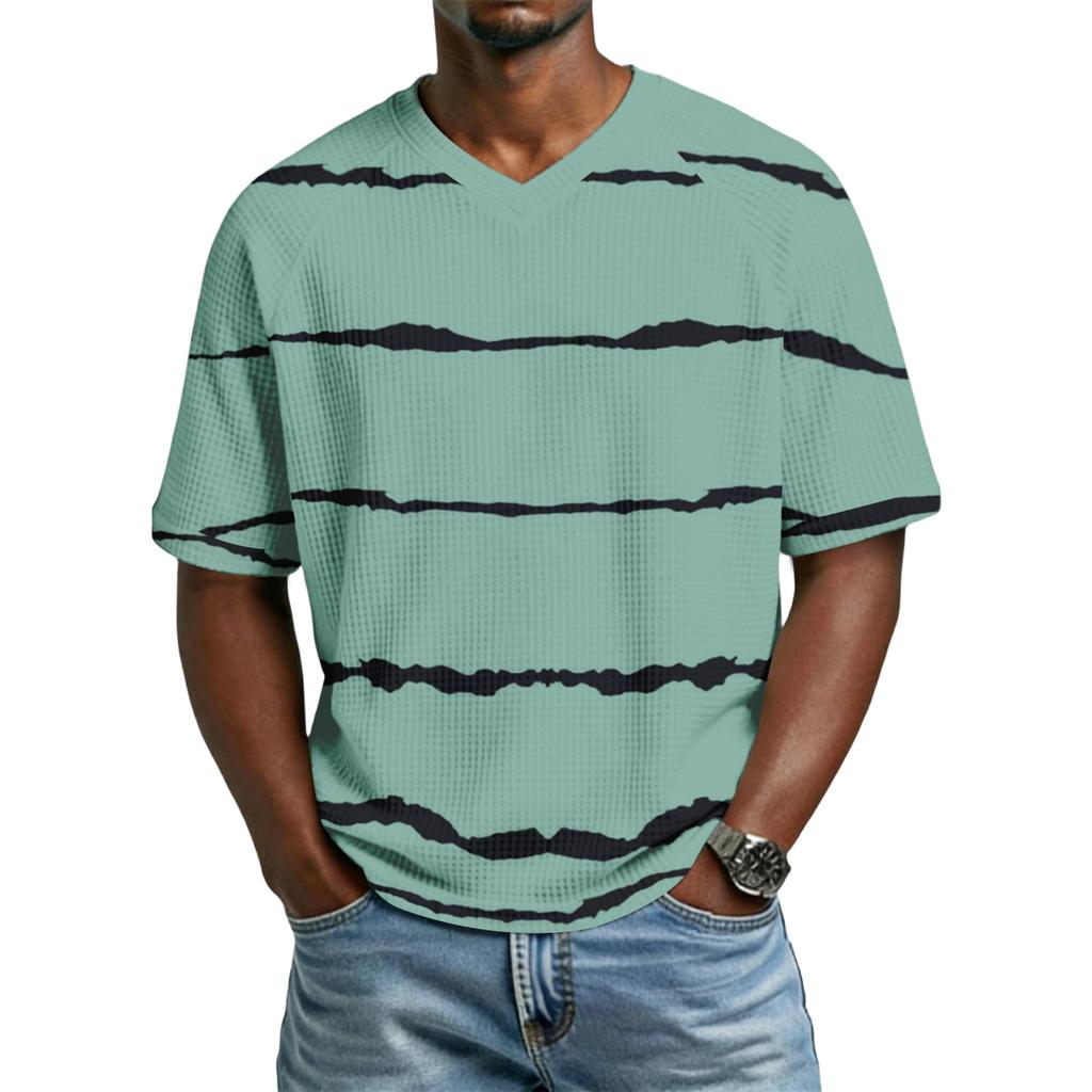 Men's Casual Stylish Striped Texture Printed Short-sleeved Shirt Men's Breathable V-neck Short-sleeved Top