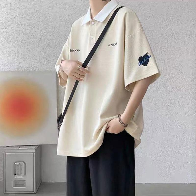 Casual Letter Loose Basic Polo Shirts Men's Clothing Solid Color Chic Spliced Summer Lapel Button Korean Short Sleeve T-shirts
