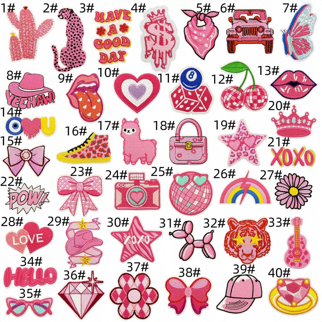 Cartoon Pink Series Embroidered Patch Bowknot Flower Applique Clothing Accessories with Hot Melt Adhesive