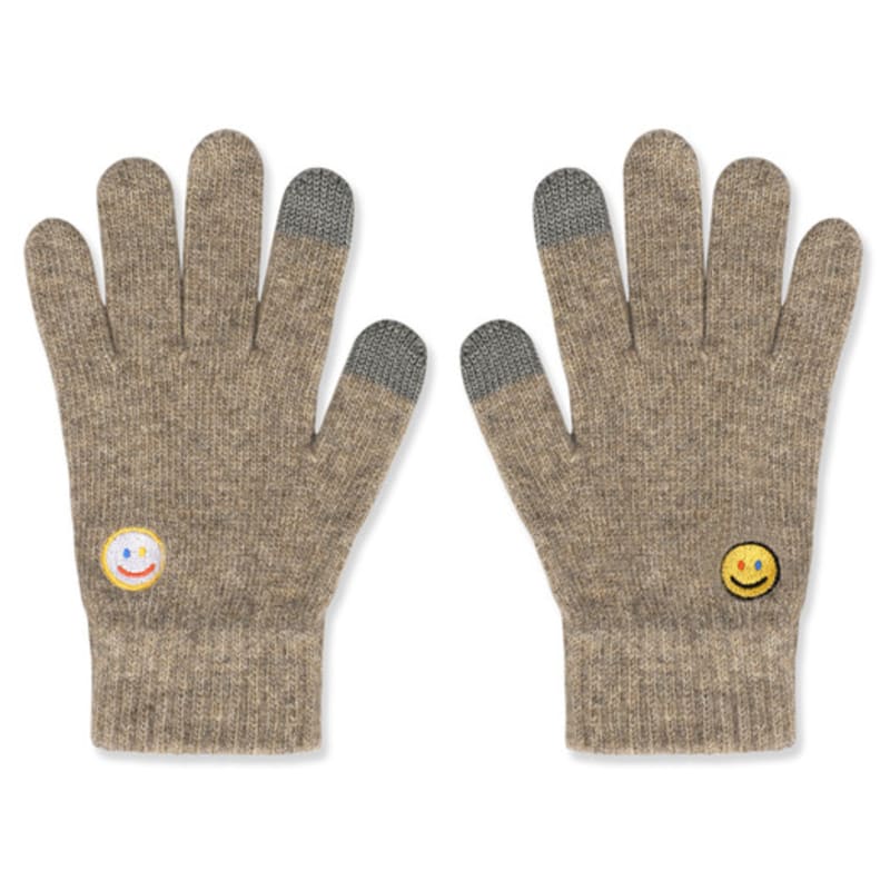 SNOOZY Smile 3 Embroidered Wool Knit Gloves Wood