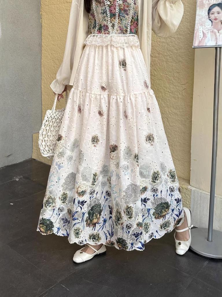 Women's French High Waist Embroidered Crochet Midi Skirt for Autumn/Winter