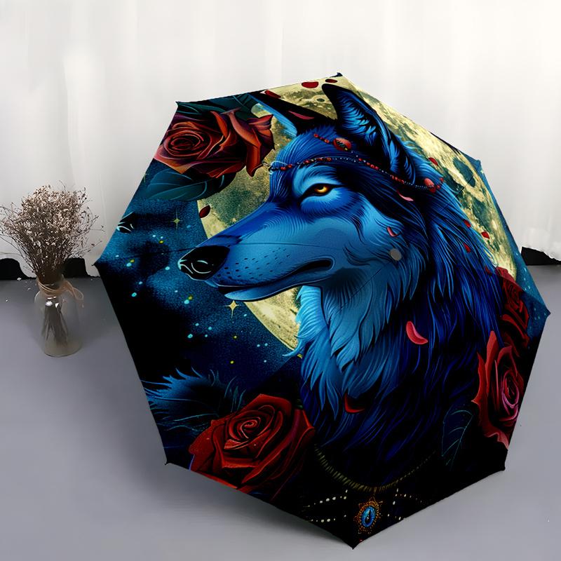 1pc Moon Wolf Rose Automatic Umbrella - Self-Opening/ Closing, Compact Folding Umbrella with Wolf, Red Roses & Moonlit Night D