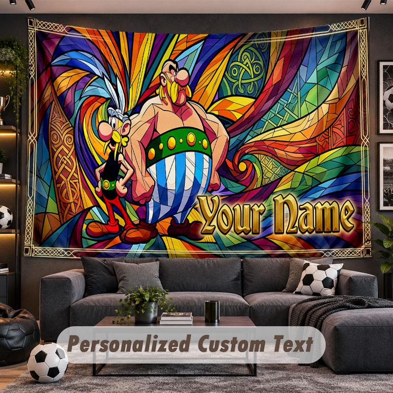 Wall Hanging Tapestry Custom NameAsterix & Obelix Pattern Personalized Printed Fabric Wall Decor