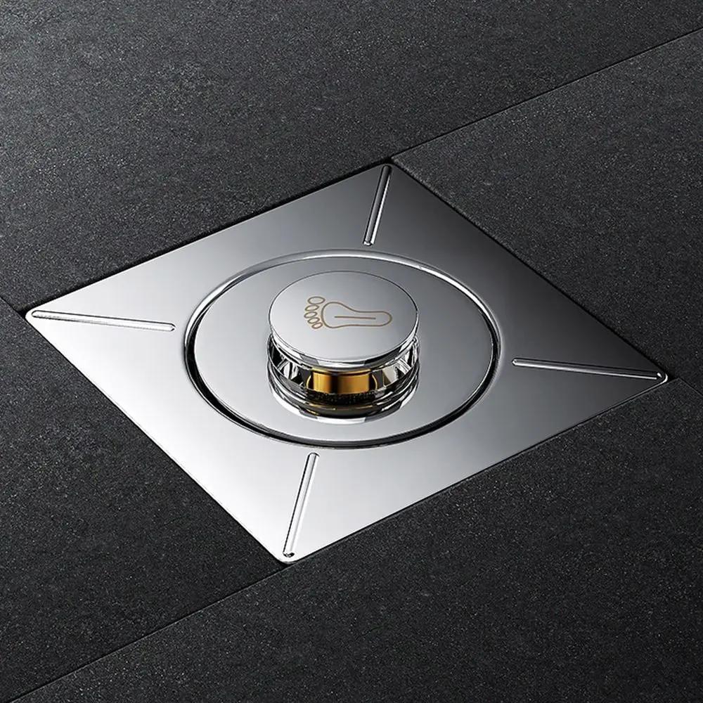 Shower Floor Drain Square Filter Toilet Floor Drain Poppet Seal Cover Sewer Pipe Odour Control Universal Push-Pedal