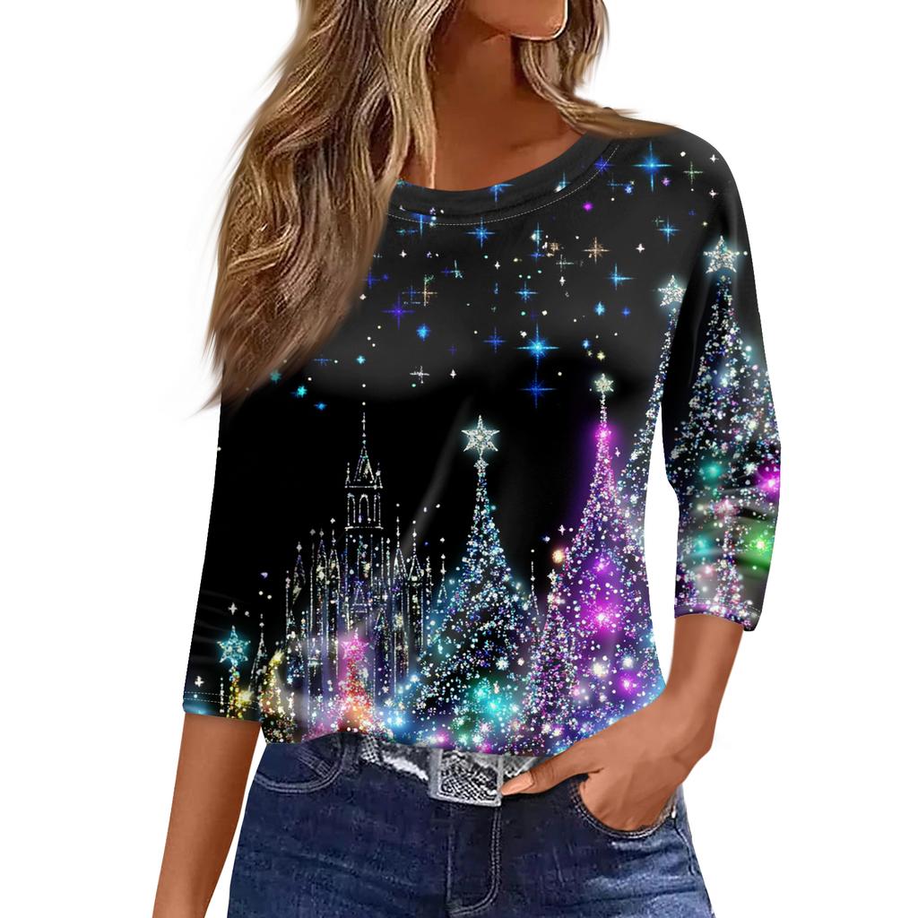 Dámská móda ležérní tričko s kulatým výstřihem, 3/4 rukávem, volným potištěným tričkem, dámský top