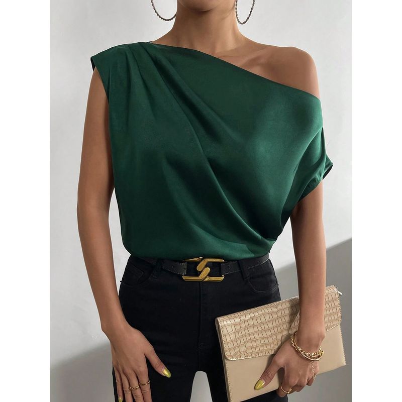 European and American-Style One-Shoulder Draped Satin Shirt