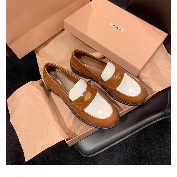 Pleated horse leather version~ Grape mother same retro small gold coin lazy British style loafers single shoes women's small leather shoes