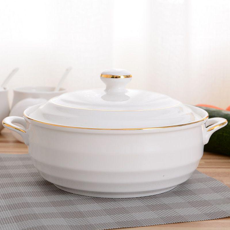 White Ceramic Double-Eared Soup Pot with Lid, Large Capacity Stew and Rice Bowl, Microwave Safe Steamed Egg Basin.