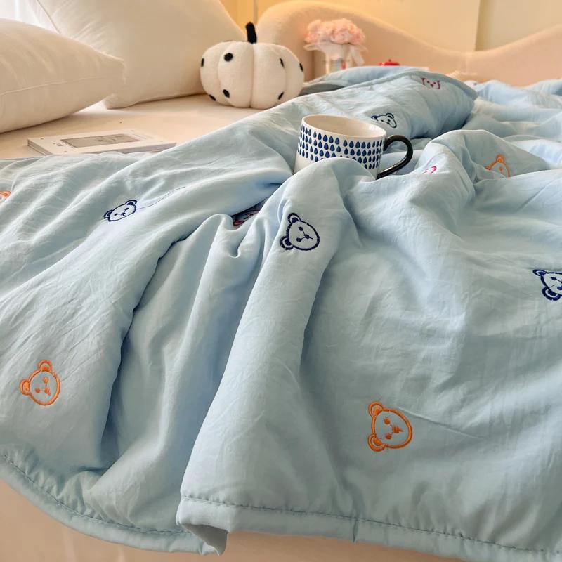 Japanese Minimalism Skin-friendly Summer Blanket Soft Breathable Single Double Duvet Washed Embroidered Comfortable Thin Quilt