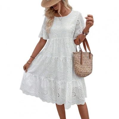 White Summer Dress For Women Casual Beach Vacation Daily Wear Embroidered Hollow-Out Short Sleeve Round Neck Tiered Midi Dress