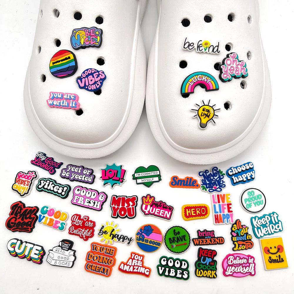Letter Phrase Series Cartoon Clog Shoe Decorations: Cute PVC Flowers & Buckles