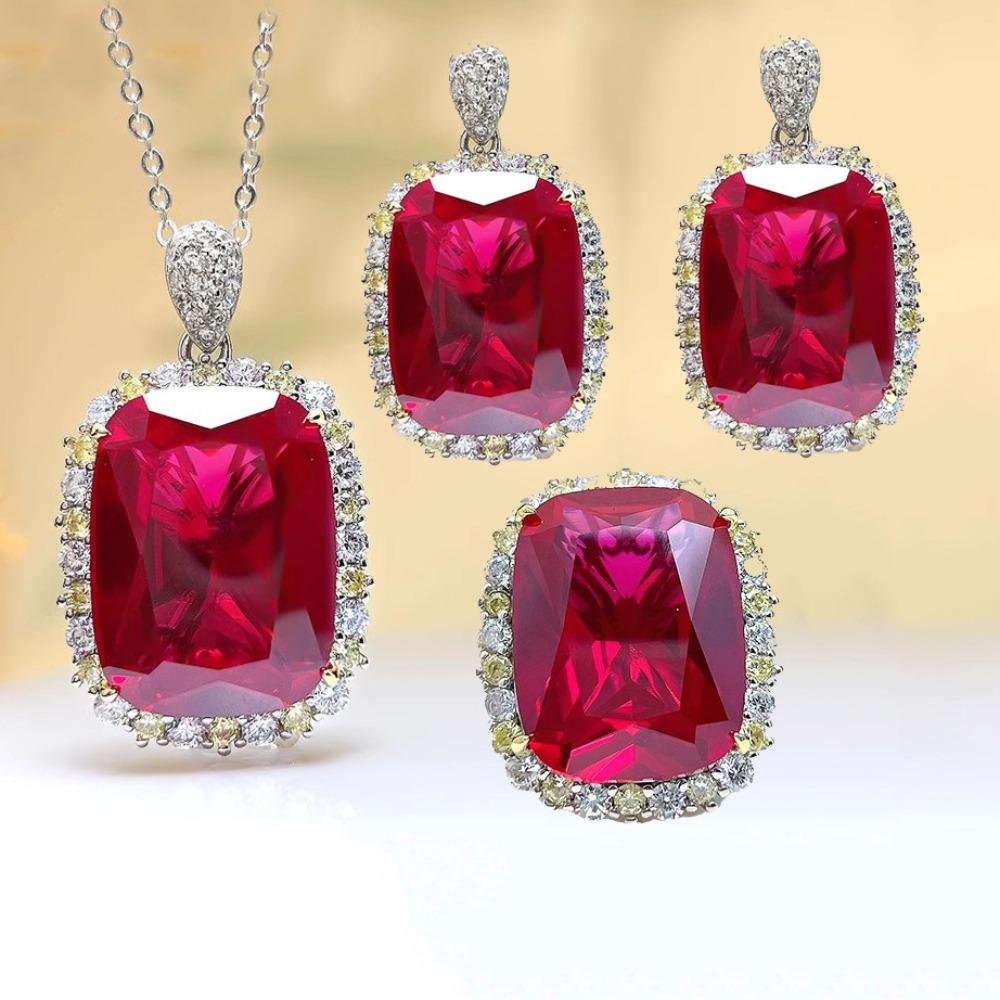 

Luxury Necklace Earrings Set with Pigeon Blood Ruby Red Corundum Ring and Diamond Studs for Women