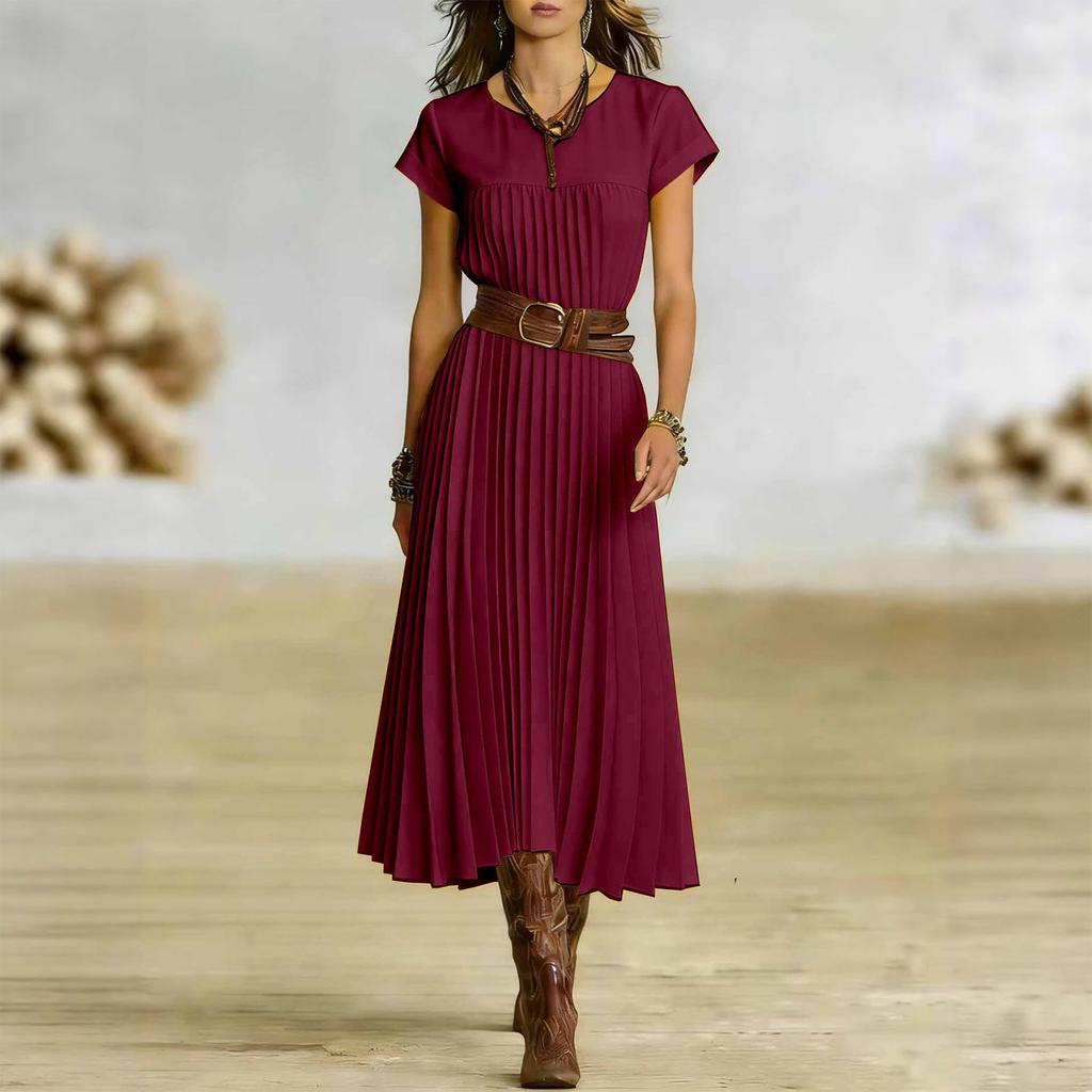 Women's Fashionable Color Round Neck Short Sleeved Pocket Pleated Loose Dress
