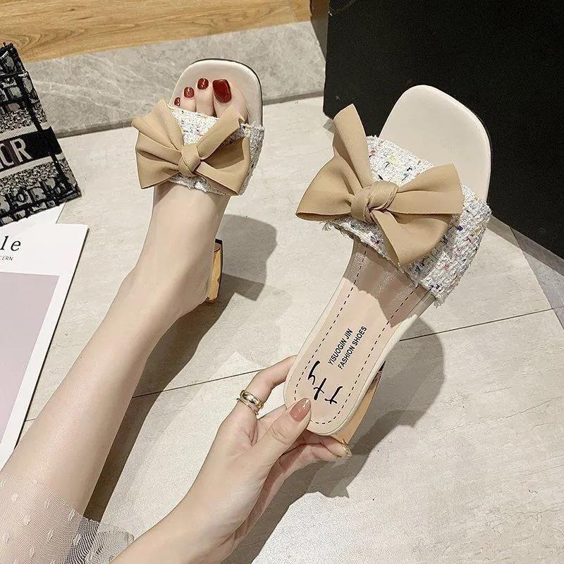 2025 New Low-heeled Cool Slippers Women Wear Bows Internet Celebrities Thick Heel Summer One-word Drag Fashion Versatile Sandals