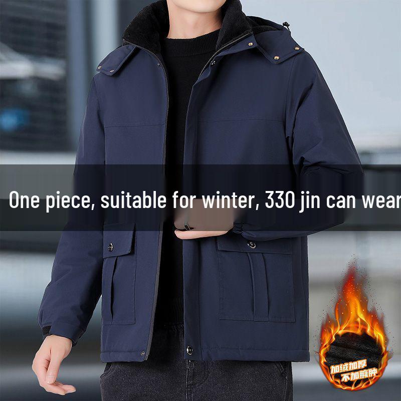 Men's Plus Size Fleece-Lined Winter Coat - Loose Fit Cotton Jacket for Middle-Aged Dads
