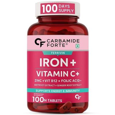 Carbamide Forte Eisensupplement für Frauen & Männer | Folsäuretabletten mit Vitamin C, B12, Zink | 100 vegetarische Eisentabletten für Frauen & Männer