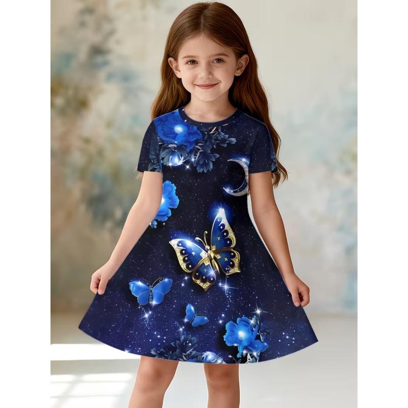 Dress for Girls Sequin Butterfly 3D Printed Short Sleeve Dress Summer Loose Girls' Casual Dress Round Neck Hot Sale Girl Clothes
