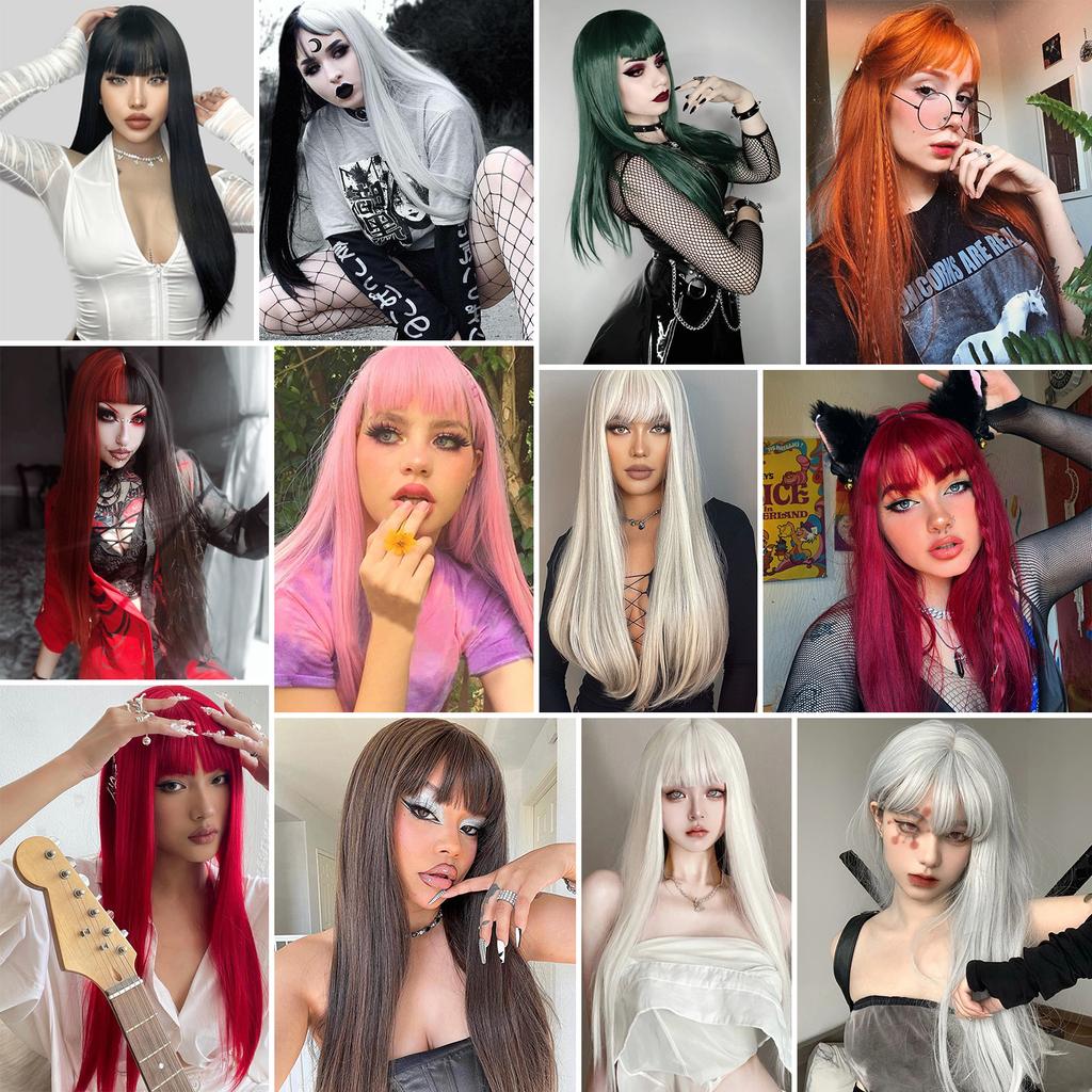 Parrucche Sintetiche Lisce con Frangia Capelli Lunghi Setosi Resistenti al Calore Parrucca Completamente Meccanica Parrucca per Cosplay Festa per Donne alla Moda