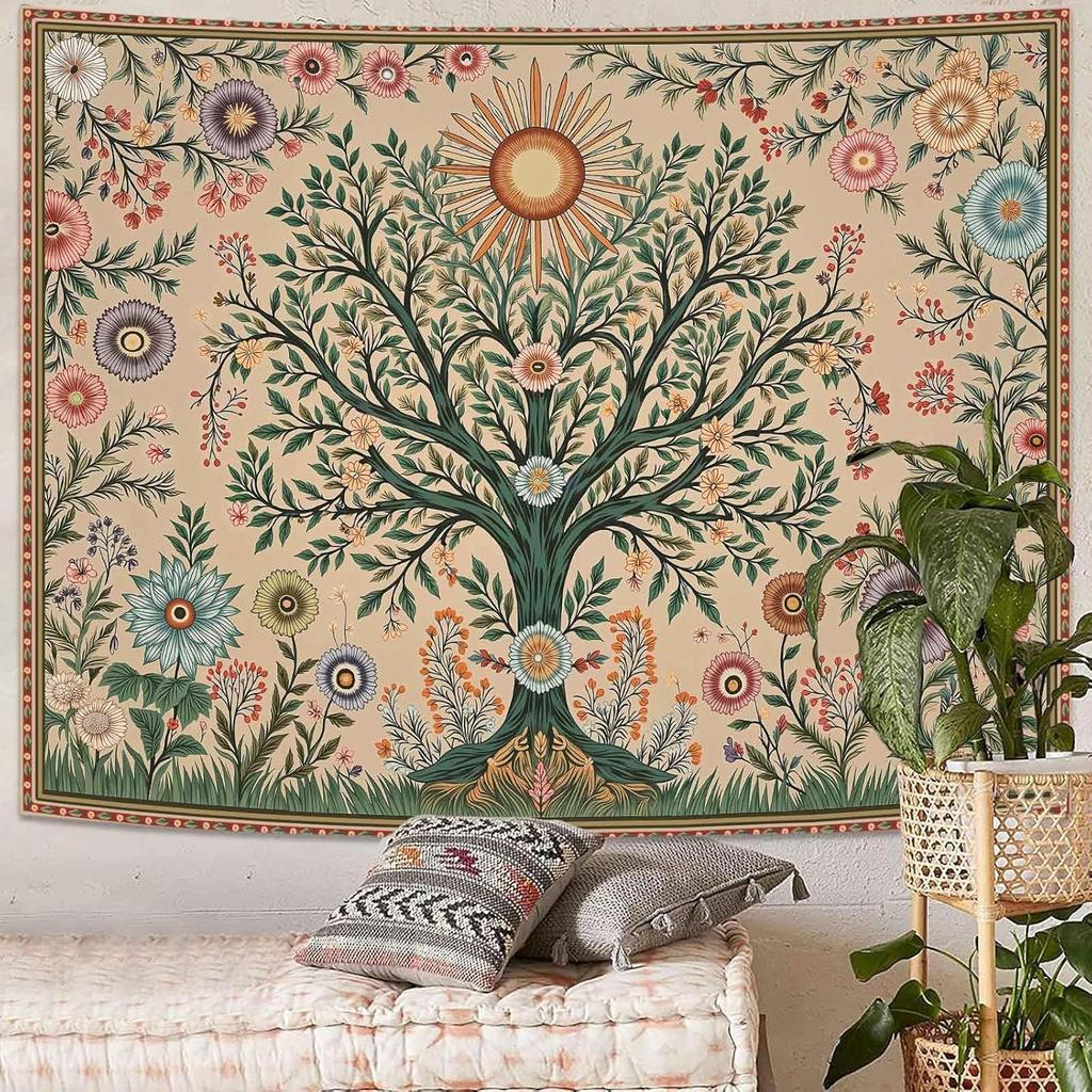 Boho Lebensbaum Wandteppich, Sonnenblumen Botanischer Wandbehang, Ästhetischer Mandala-Stil Wandteppich für Schlafzimmer Wohnzimmer Dekoration