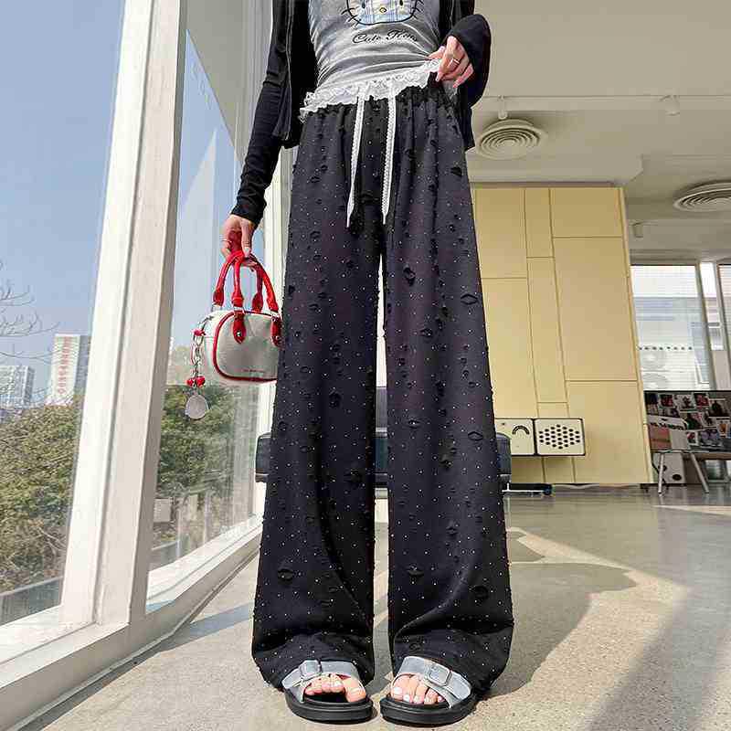 Plus Size High-Waisted Rhinestone Wide-Leg Pants - Summer Ice Silk, Ripped, Slimming, Floor-Length, Loose Fit for Petite Women. S (80-95 lbs)