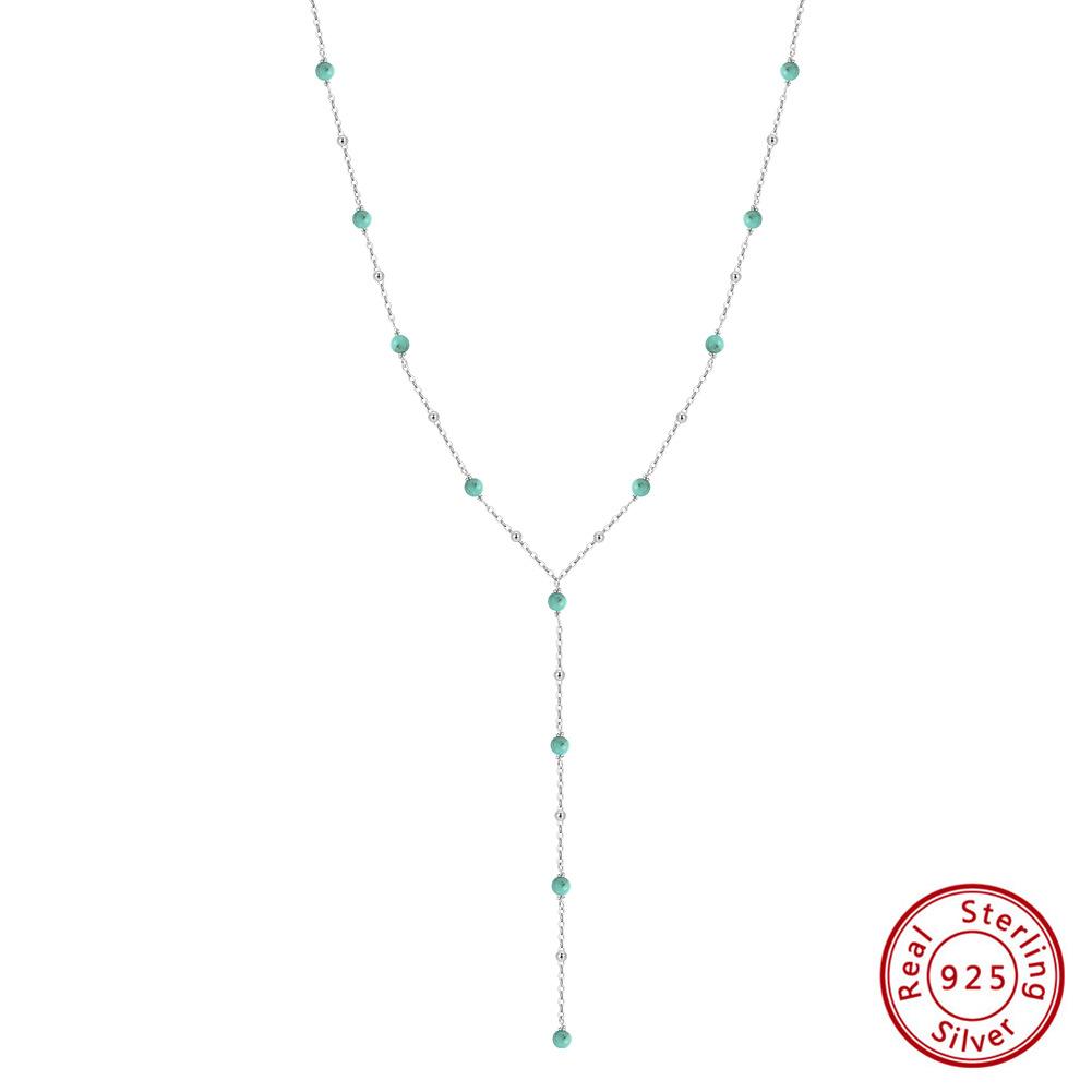 Factory  S925 Sterling Silver Y-shape Turquoise Sweater Chain Necklace for Women Dainty Daily Wear Necklace Jewelry