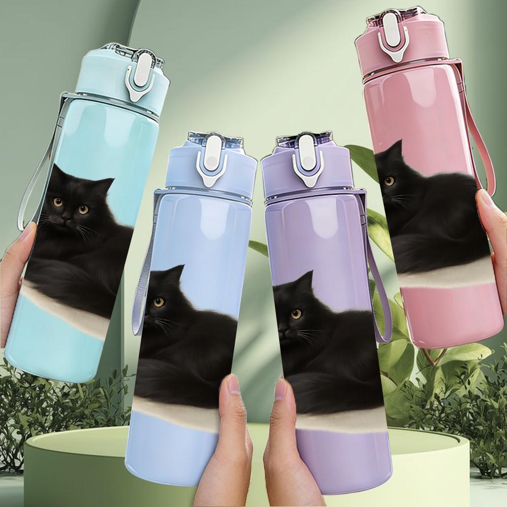 1PC Black Cat Lying Down 750ml Color Plastic Sports Water Bottle Leakproof Flip Straw Lid Suitable for Sports Office Home Use