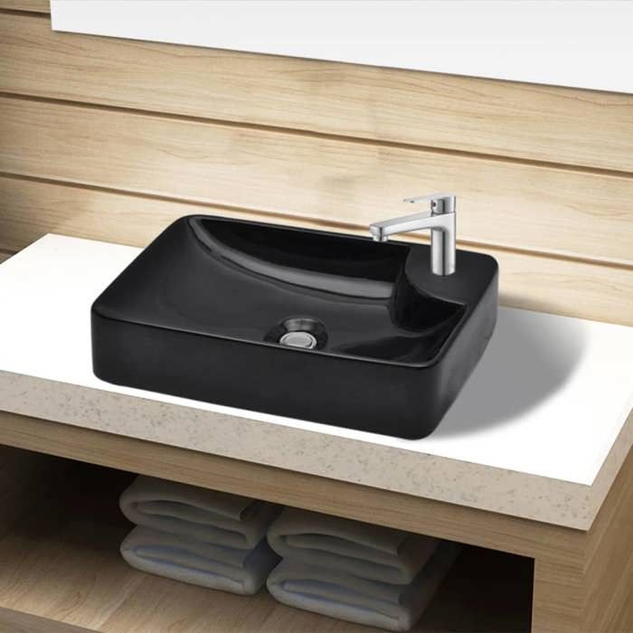 Vasque à trou pour robinet céramique Noir - VIDAXL - Rond - 40 cm - Finition haute brillance