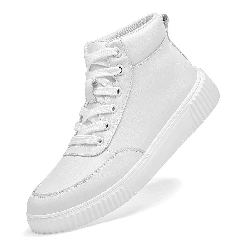 Men's High-Top Genuine Leather White Board Shoes, Warm, Velvet-Lined, Large Sizes, Stylish & Versatile Casual Footwear
