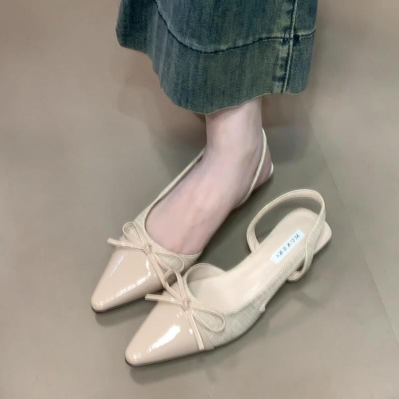 Sanfte Temperament flacher Mund einzelne Schuhe 2025 Sommer neu Schleife Französisch hinten leer Spleißbeutel Kopf Sandalen mit Rock