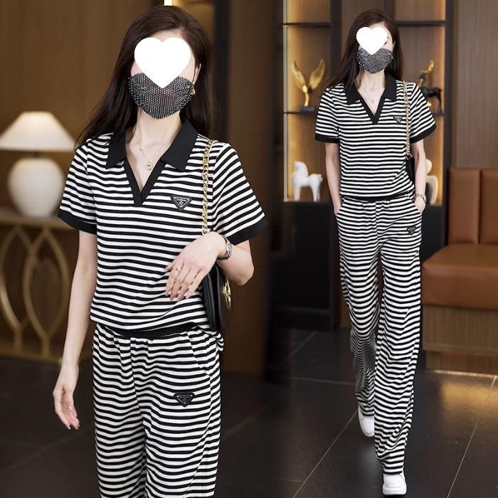 

Striped Sports V-neck Splicing Suit for Women, Summer Large Size, Stylish Age-reducing Shirt, Casual Pants, Complete Set 4XL