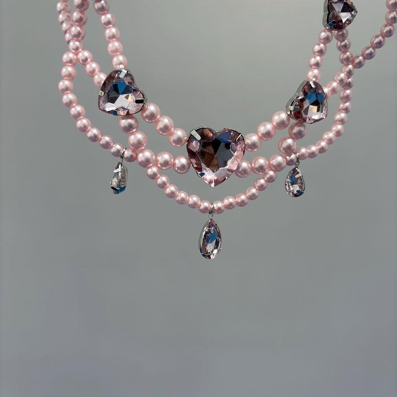 Princess style pink beaded love flash diamond necklace women's fashion banquet light luxury girl heart sweet collarbone chain accessories