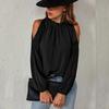 Top da donna primaverili ed estivi Camicia a foglia di loto tinta unita Girocollo Manica lunga Camicetta con spalle scoperte pieghettata termoretraibile