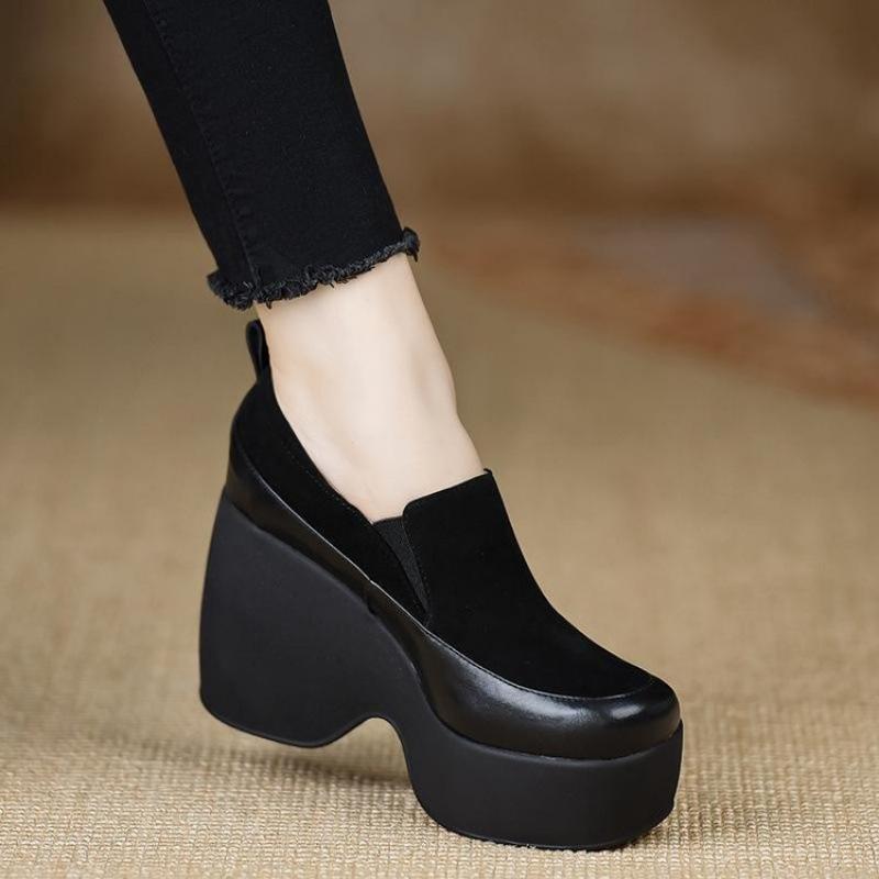 Handmade women's shoes 10cm small leather single shoes comfortable waterproof table high heel heightened wedge heel muffin loafers